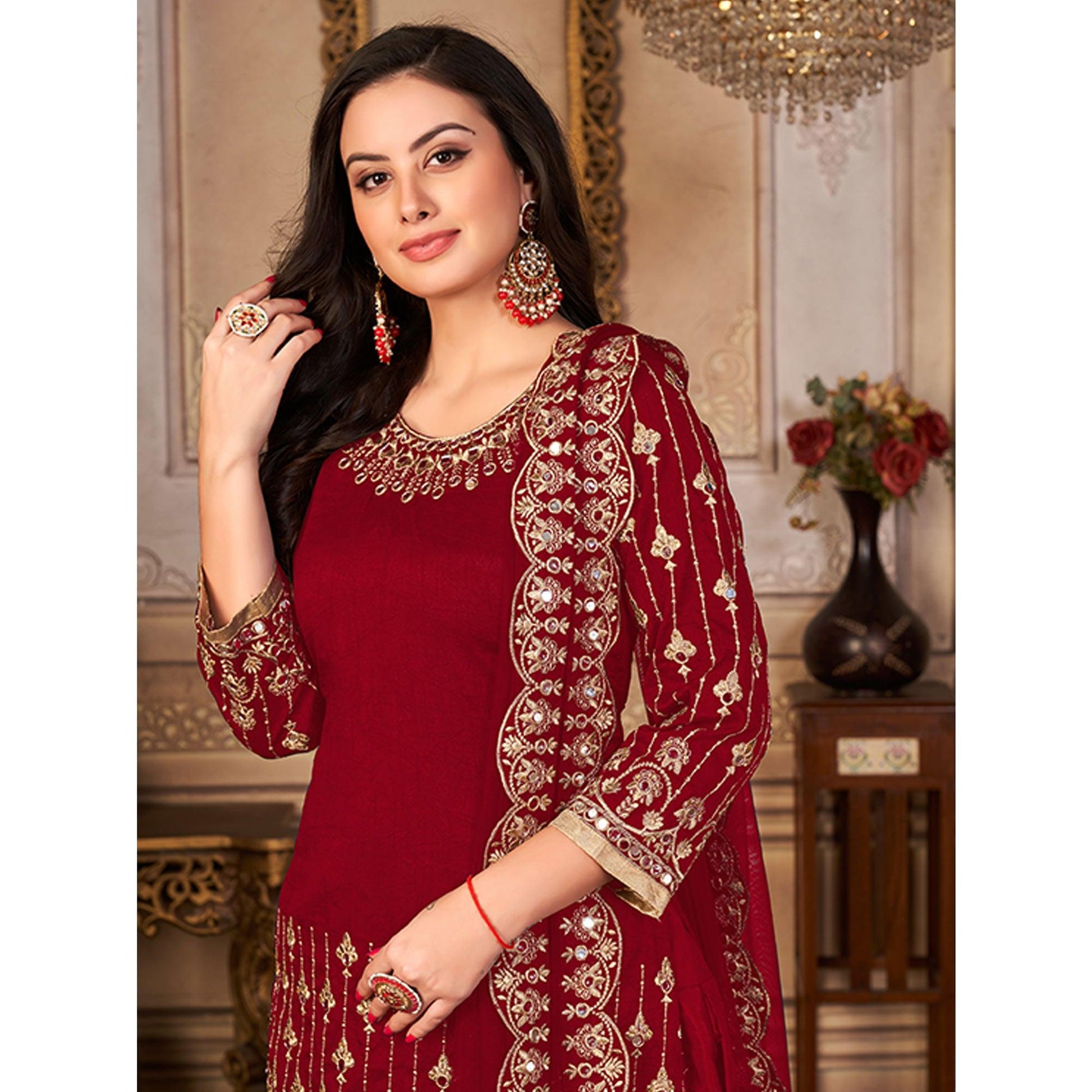 Maroon Embroidered Art Silk Patiala Suit