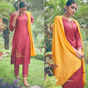 Maroon Embroidered Chiffon Kurti Pant Set with Dupatta