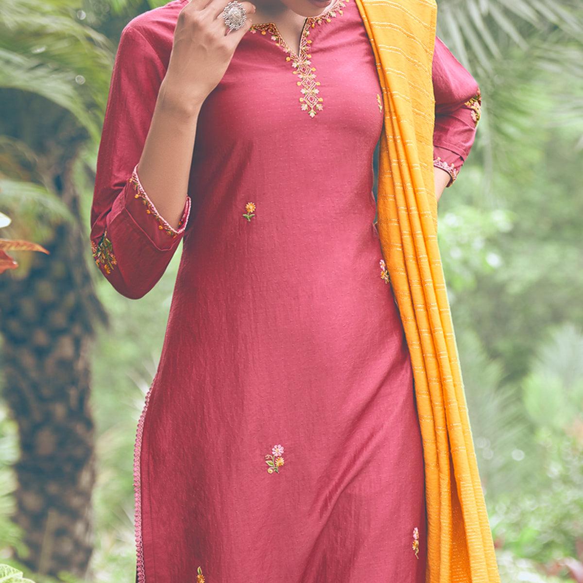 Maroon Embroidered Chiffon Kurti Pant Set with Dupatta
