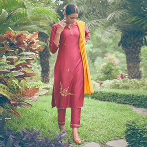 Maroon Embroidered Chiffon Kurti Pant Set with Dupatta