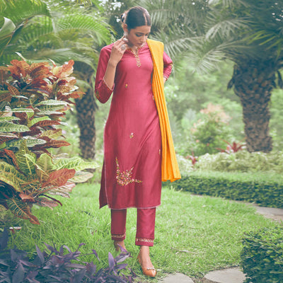 Maroon Embroidered Chiffon Kurti Pant Set with Dupatta
