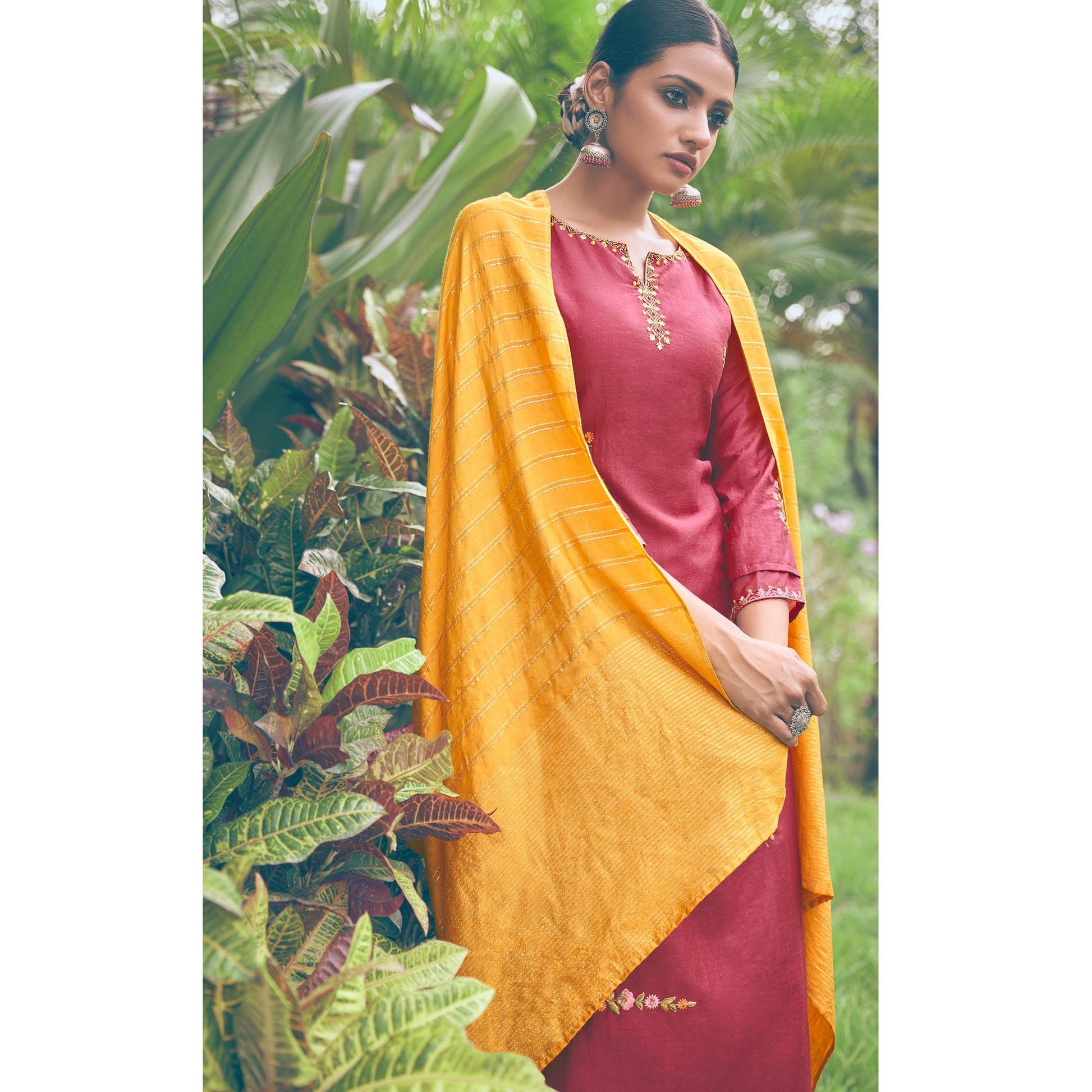 Maroon Embroidered Chiffon Kurti Pant Set with Dupatta