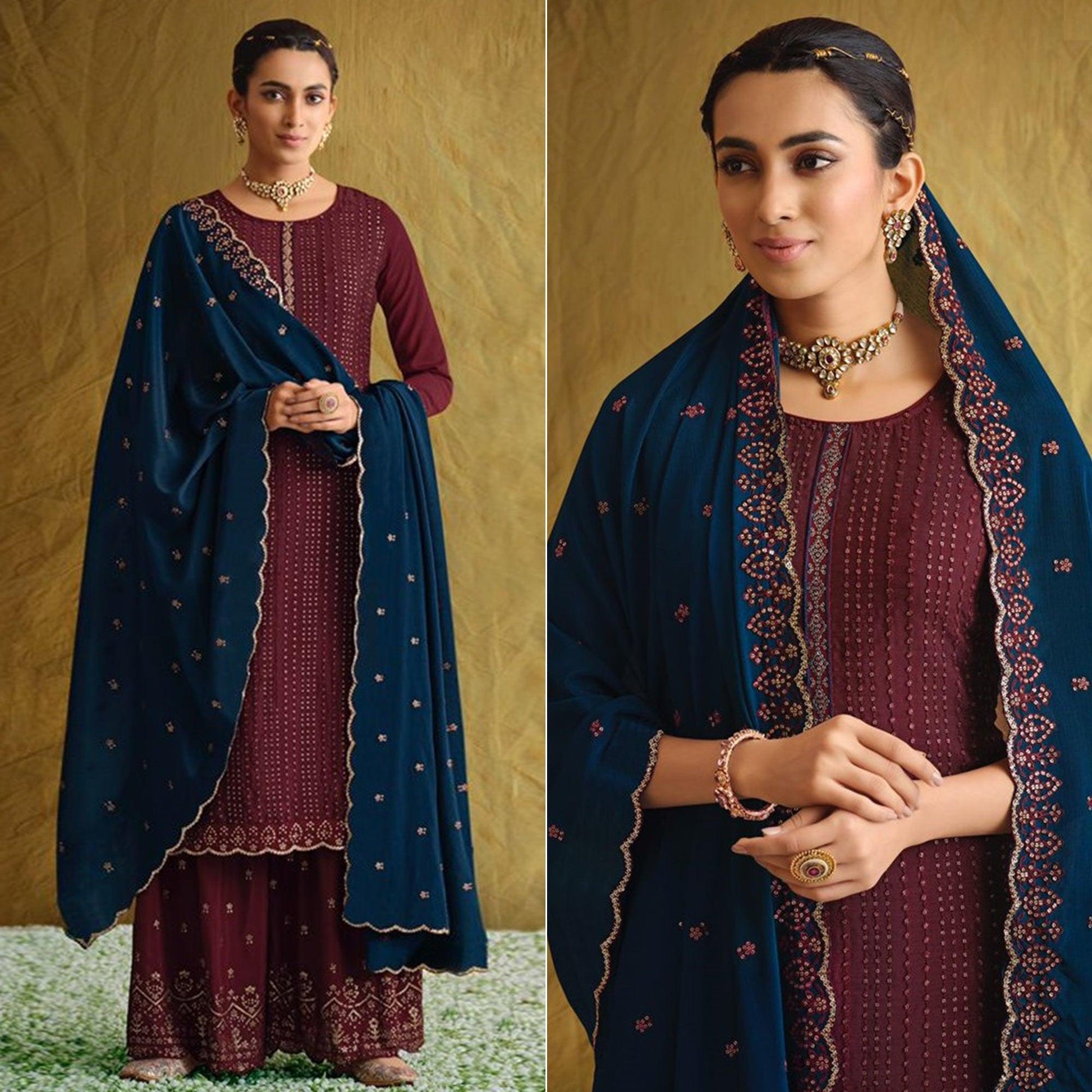 Maroon Embroidered Chiffon Palazzo Suit