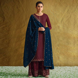 Maroon Embroidered Chiffon Palazzo Suit