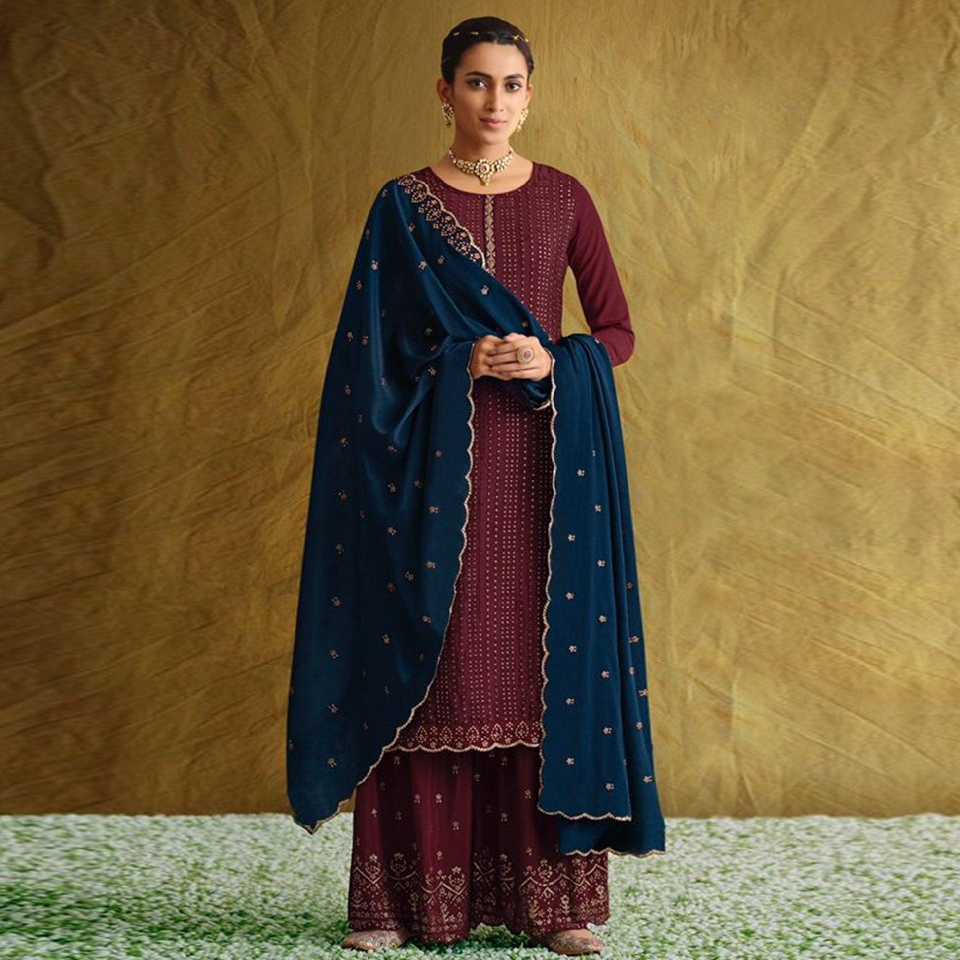 Maroon Embroidered Chiffon Palazzo Suit