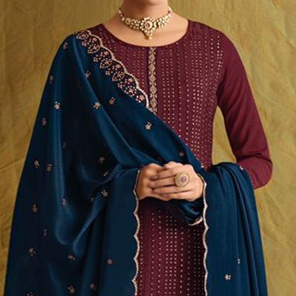 Maroon Embroidered Chiffon Palazzo Suit