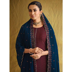 Maroon Embroidered Chiffon Palazzo Suit