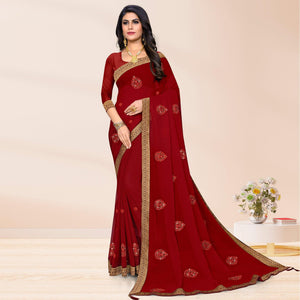 Maroon Embroidered Chiffon Saree