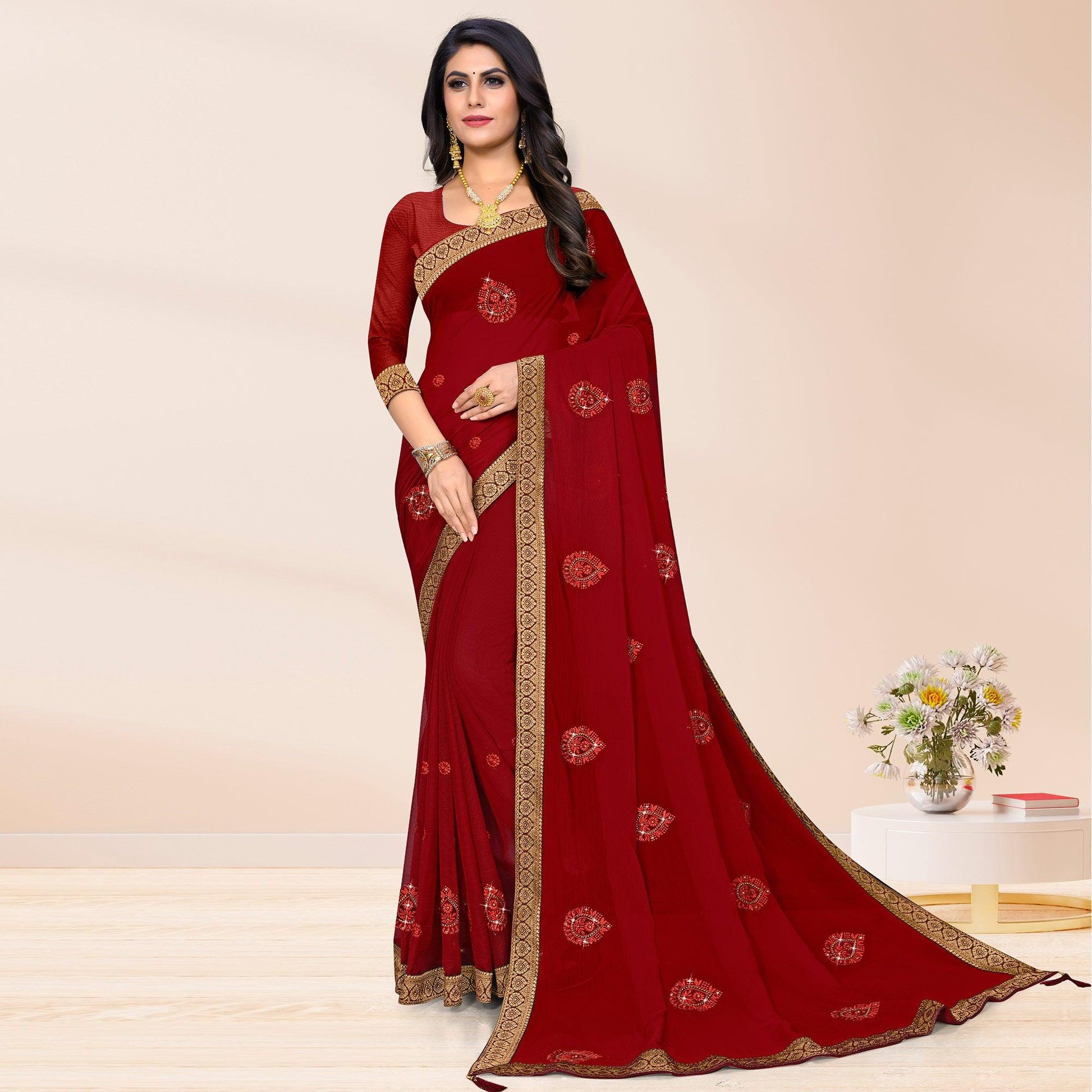 Maroon Embroidered Chiffon Saree