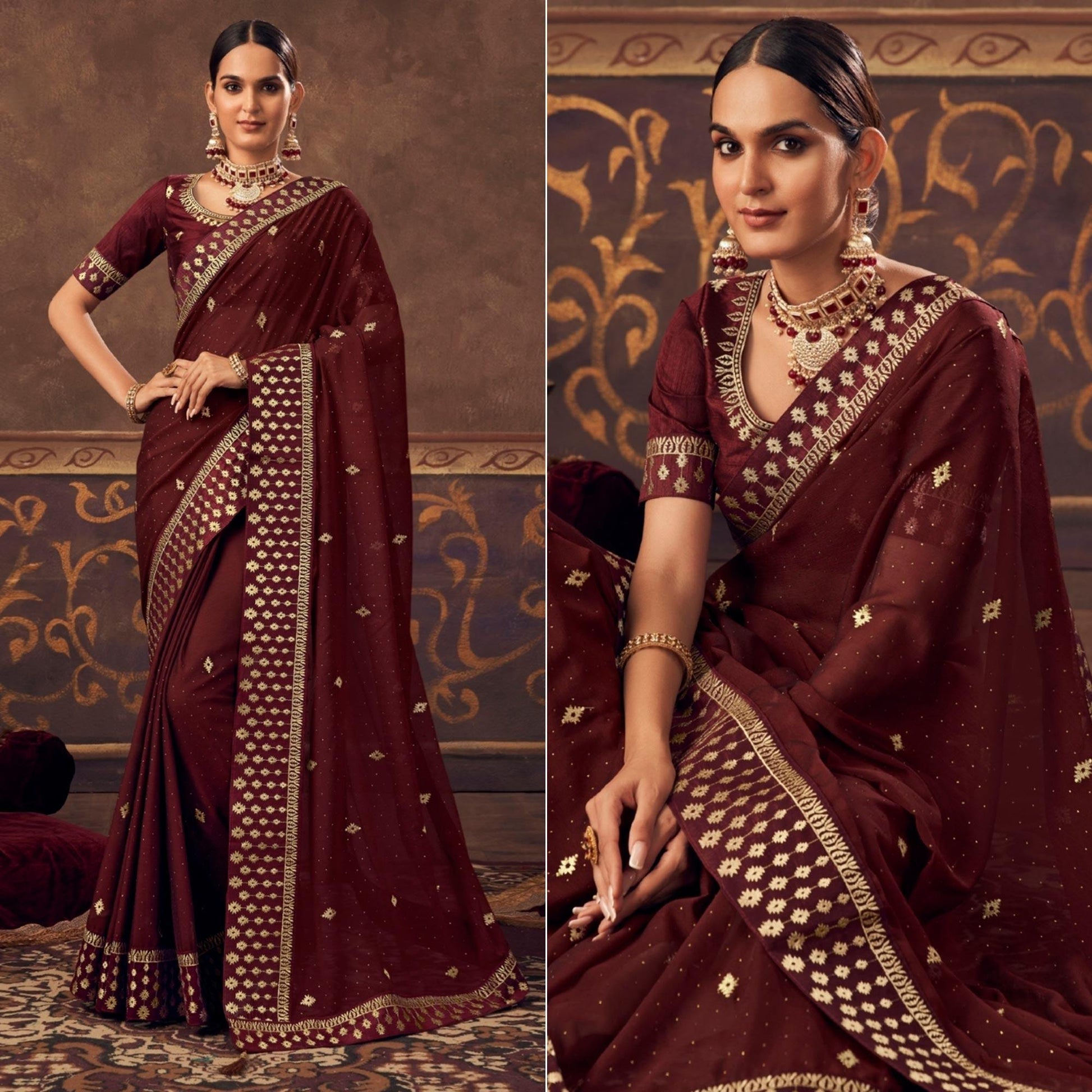 Maroon Embroidered Chiffon Saree