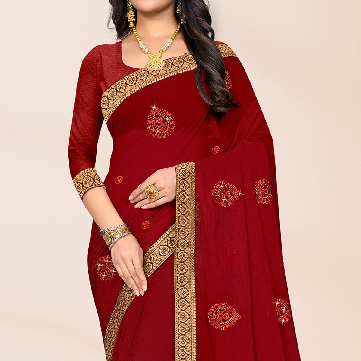 Maroon Embroidered Chiffon Saree