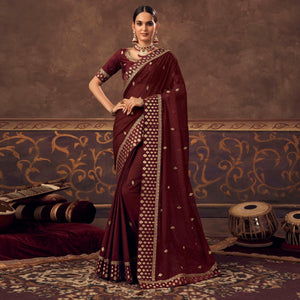Maroon Embroidered Chiffon Saree