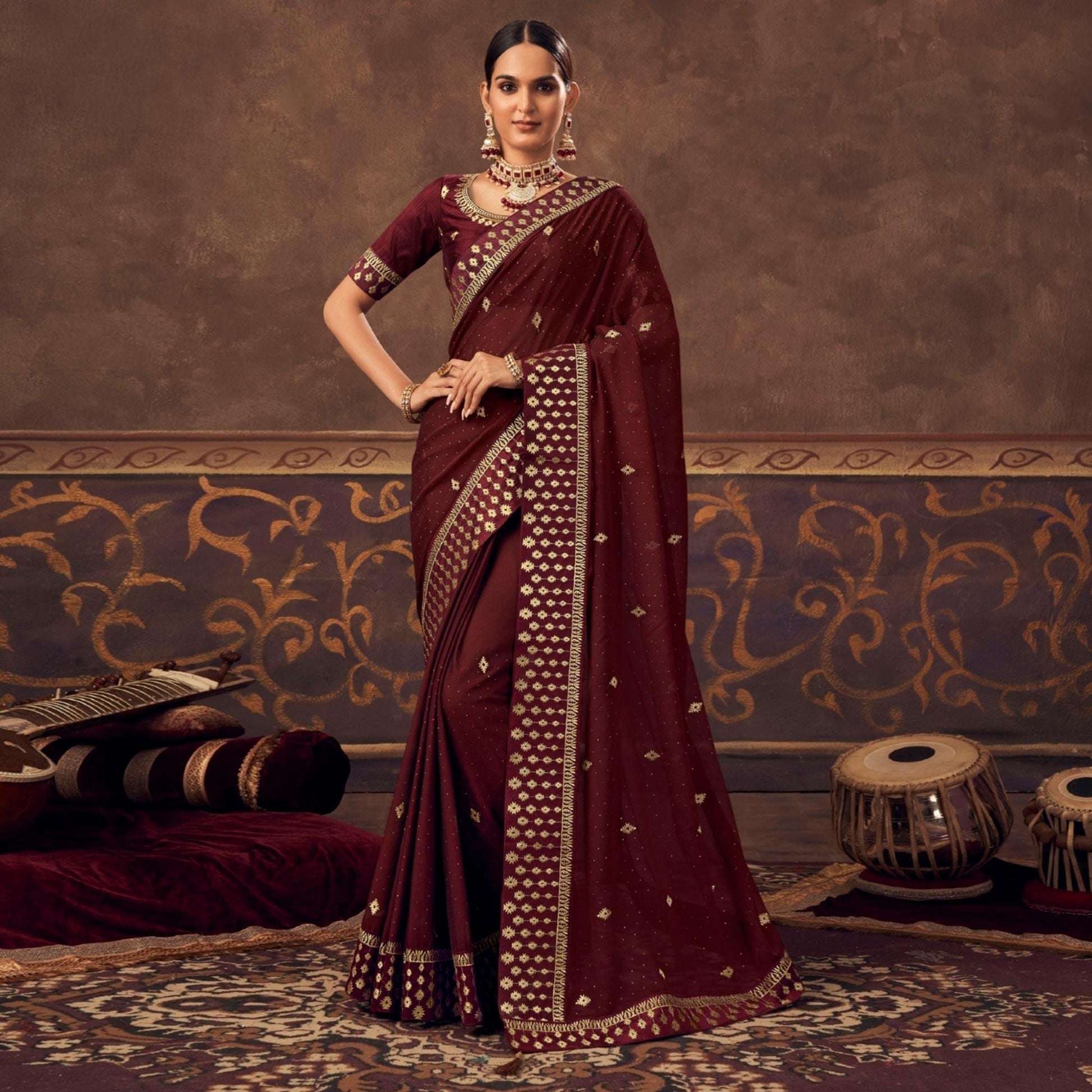 Maroon Embroidered Chiffon Saree