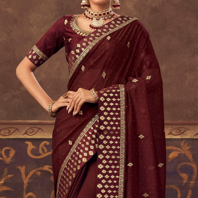 Maroon Embroidered Chiffon Saree