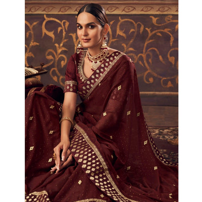 Maroon Embroidered Chiffon Saree