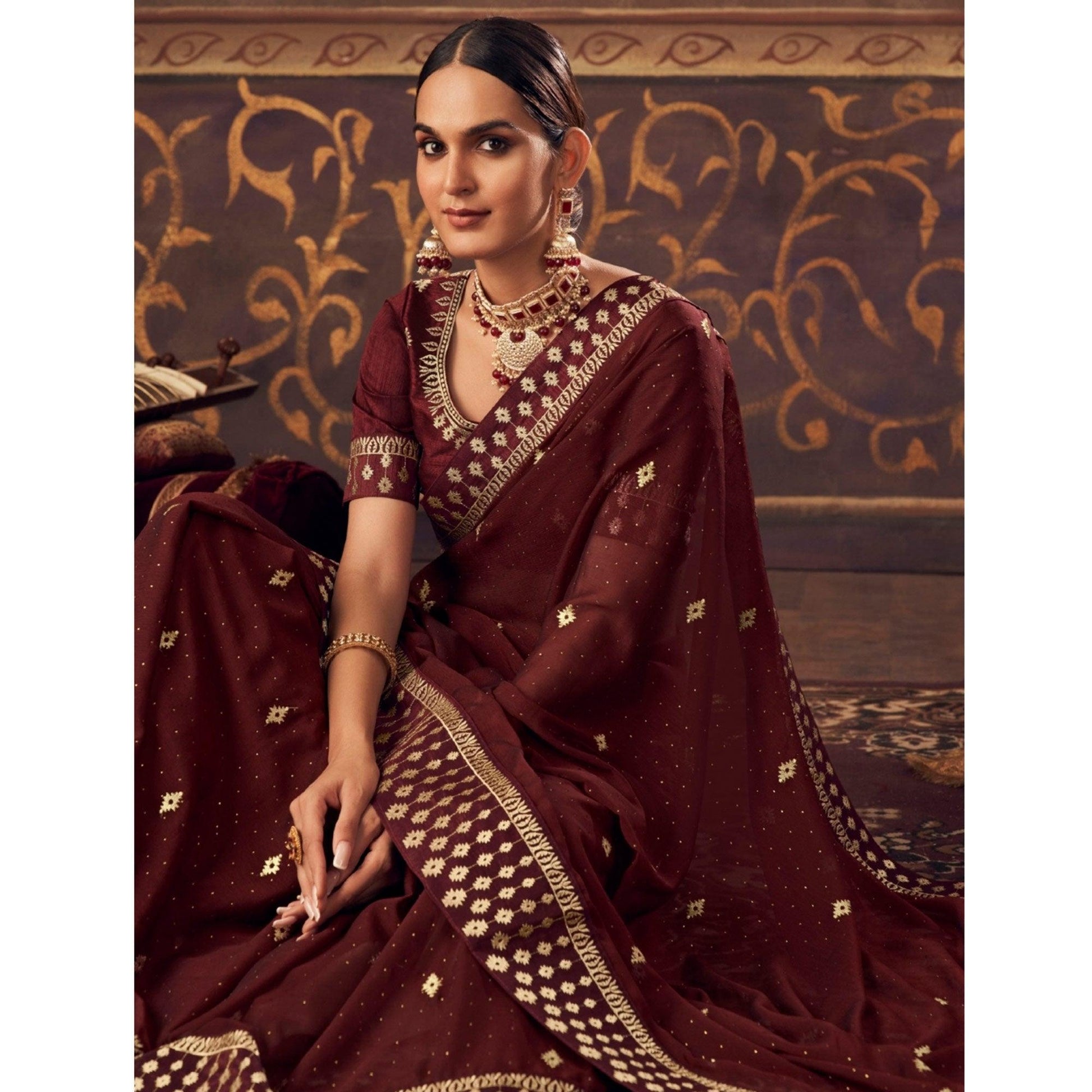 Maroon Embroidered Chiffon Saree