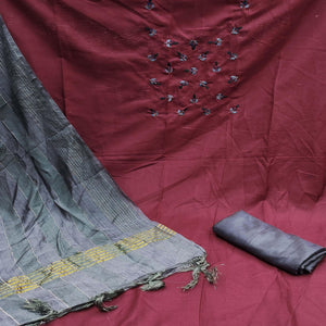 Maroon Embroidered Cotton Blend Dress Material