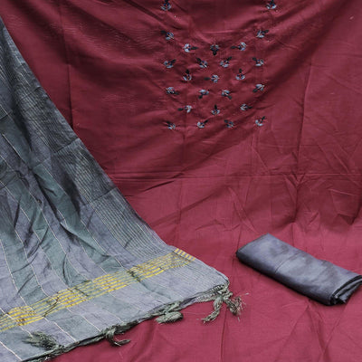 Maroon Embroidered Cotton Blend Dress Material