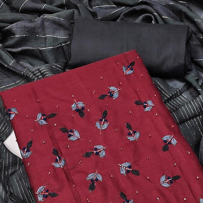 Maroon Embroidered Cotton Blend Dress Material