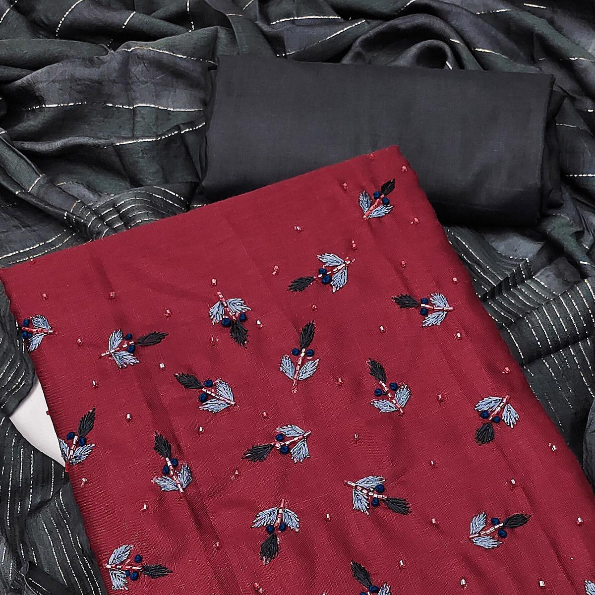 Maroon Embroidered Cotton Blend Dress Material