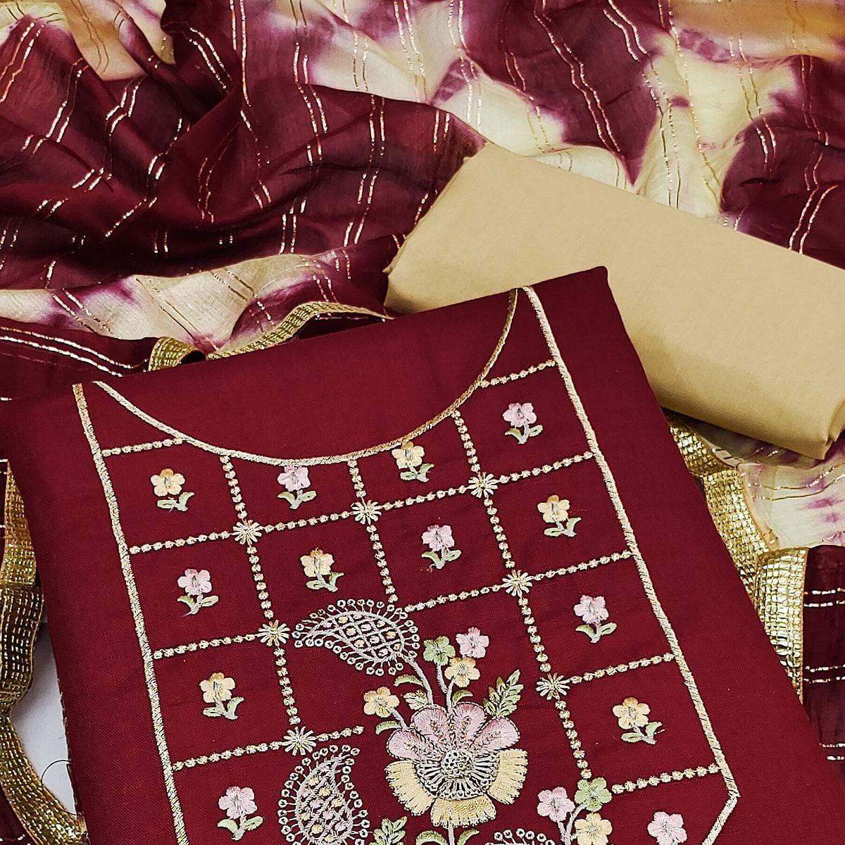 Maroon Embroidered Cotton Dress Material