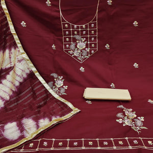 Maroon Embroidered Cotton Dress Material
