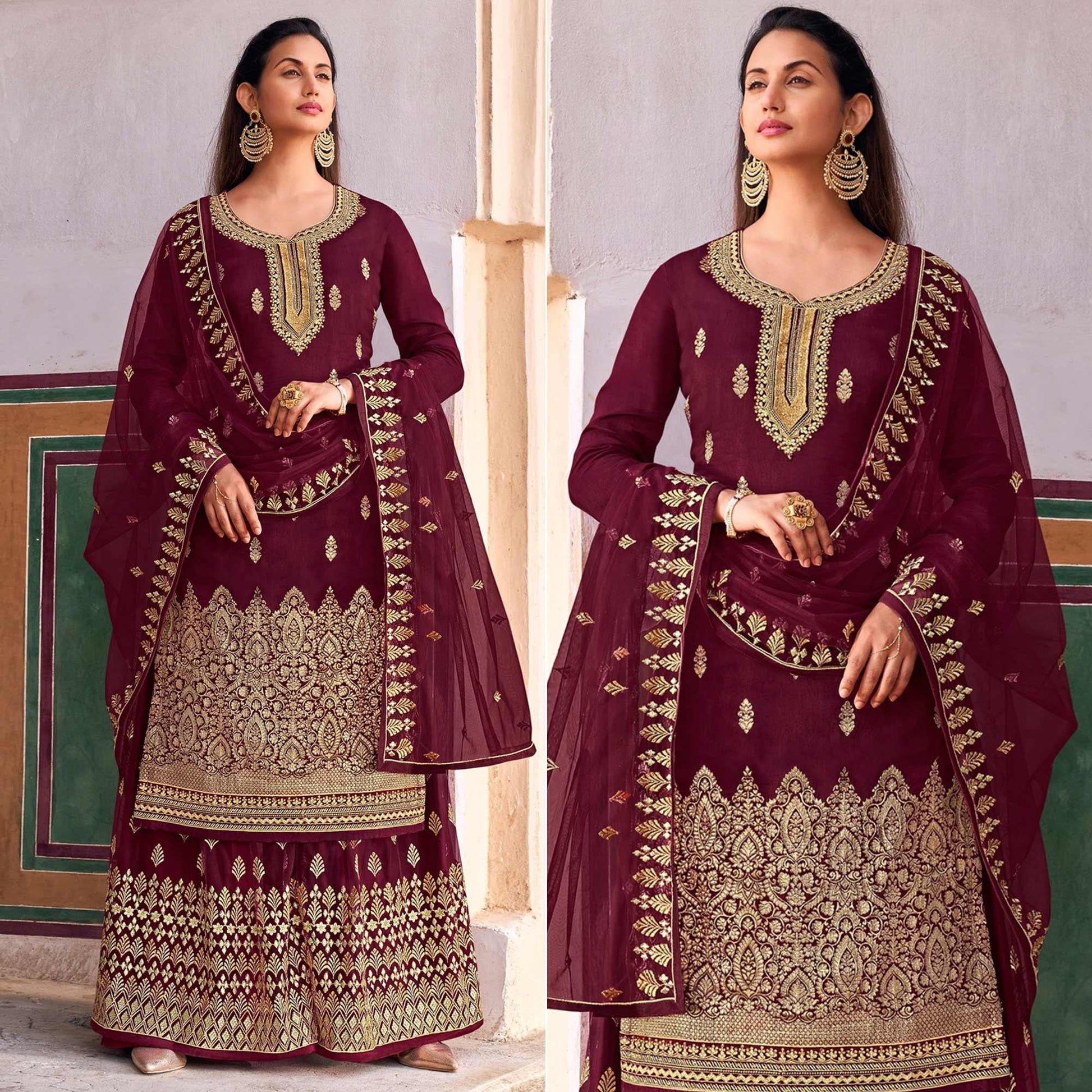 Maroon Embroidered Dola Silk Palazzo Suit