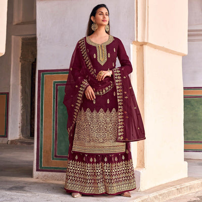 Maroon Embroidered Dola Silk Palazzo Suit