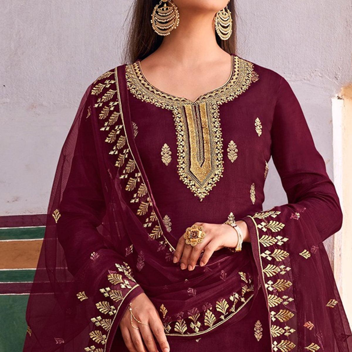 Maroon Embroidered Dola Silk Palazzo Suit