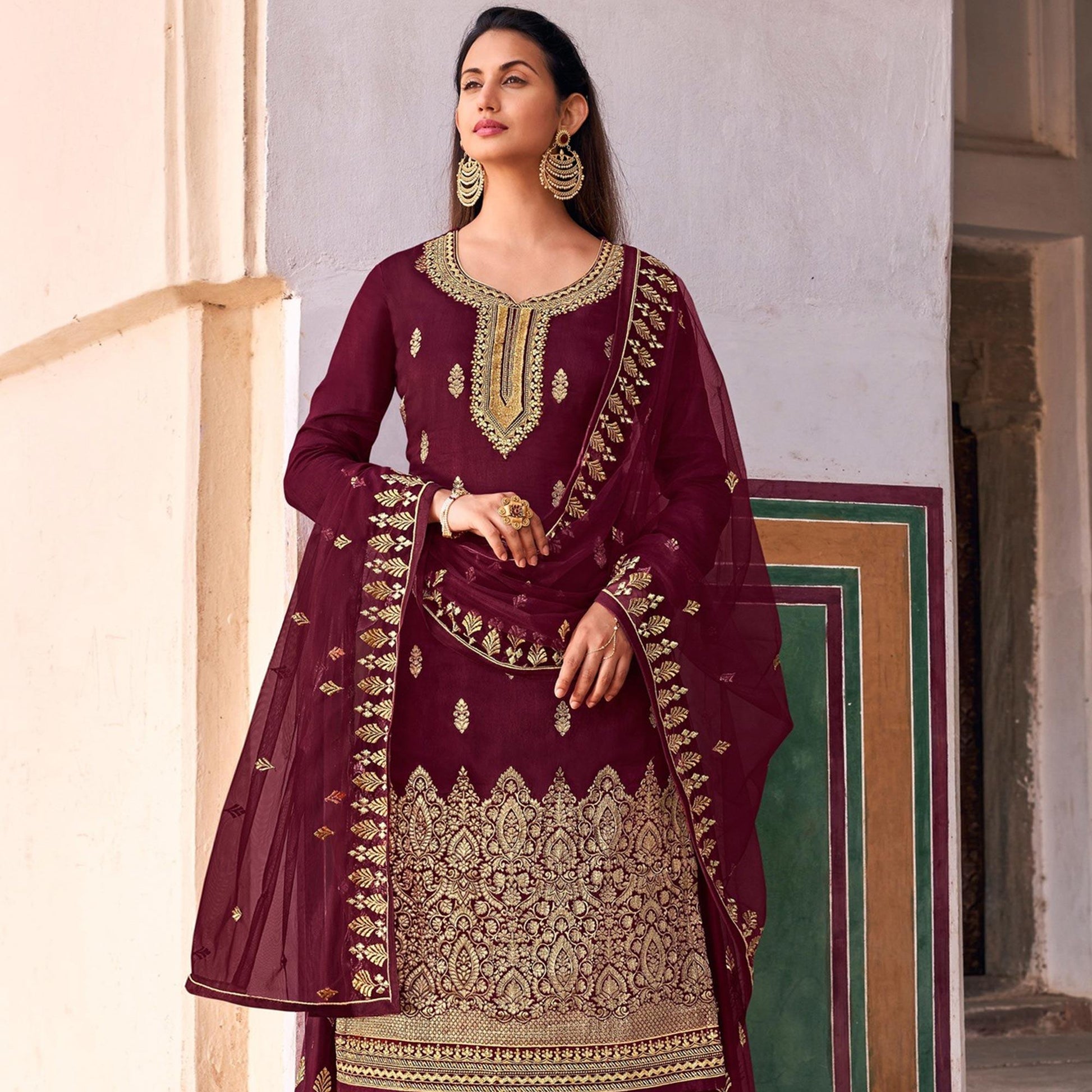 Maroon Embroidered Dola Silk Palazzo Suit