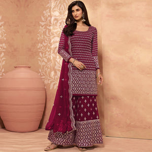 Maroon Embroidered-Embellished Georgette Sharara Suit