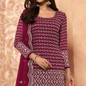 Maroon Embroidered-Embellished Georgette Sharara Suit