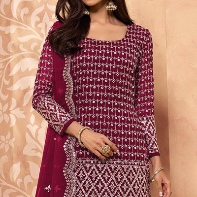 Maroon Embroidered-Embellished Georgette Sharara Suit