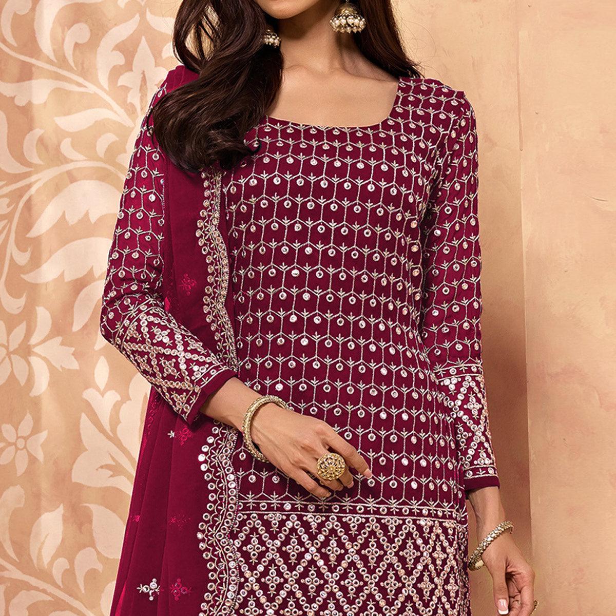 Maroon Embroidered-Embellished Georgette Sharara Suit