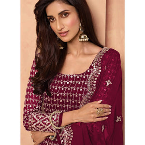 Maroon Embroidered-Embellished Georgette Sharara Suit