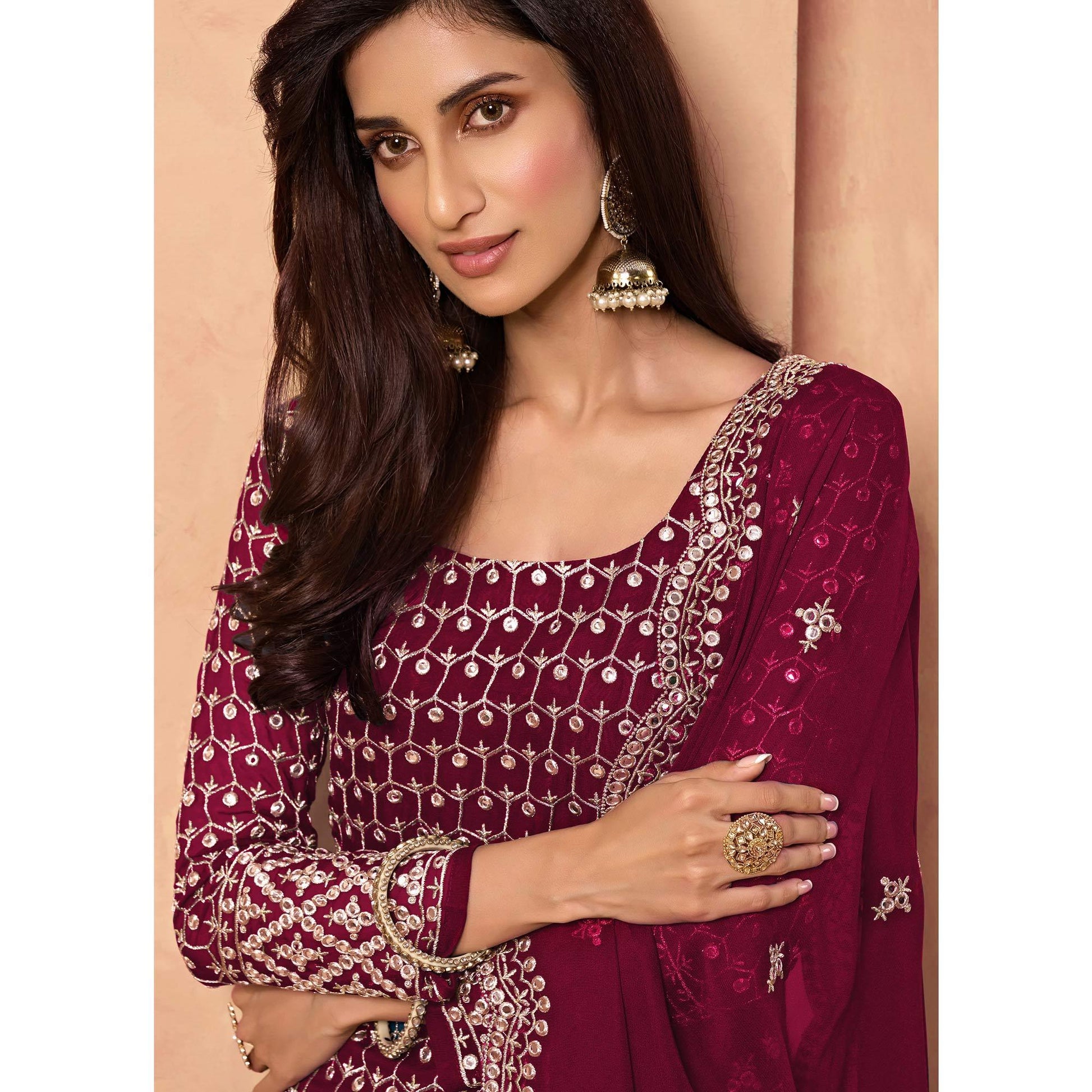 Maroon Embroidered-Embellished Georgette Sharara Suit