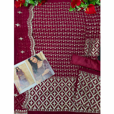 Maroon Embroidered-Embellished Georgette Sharara Suit