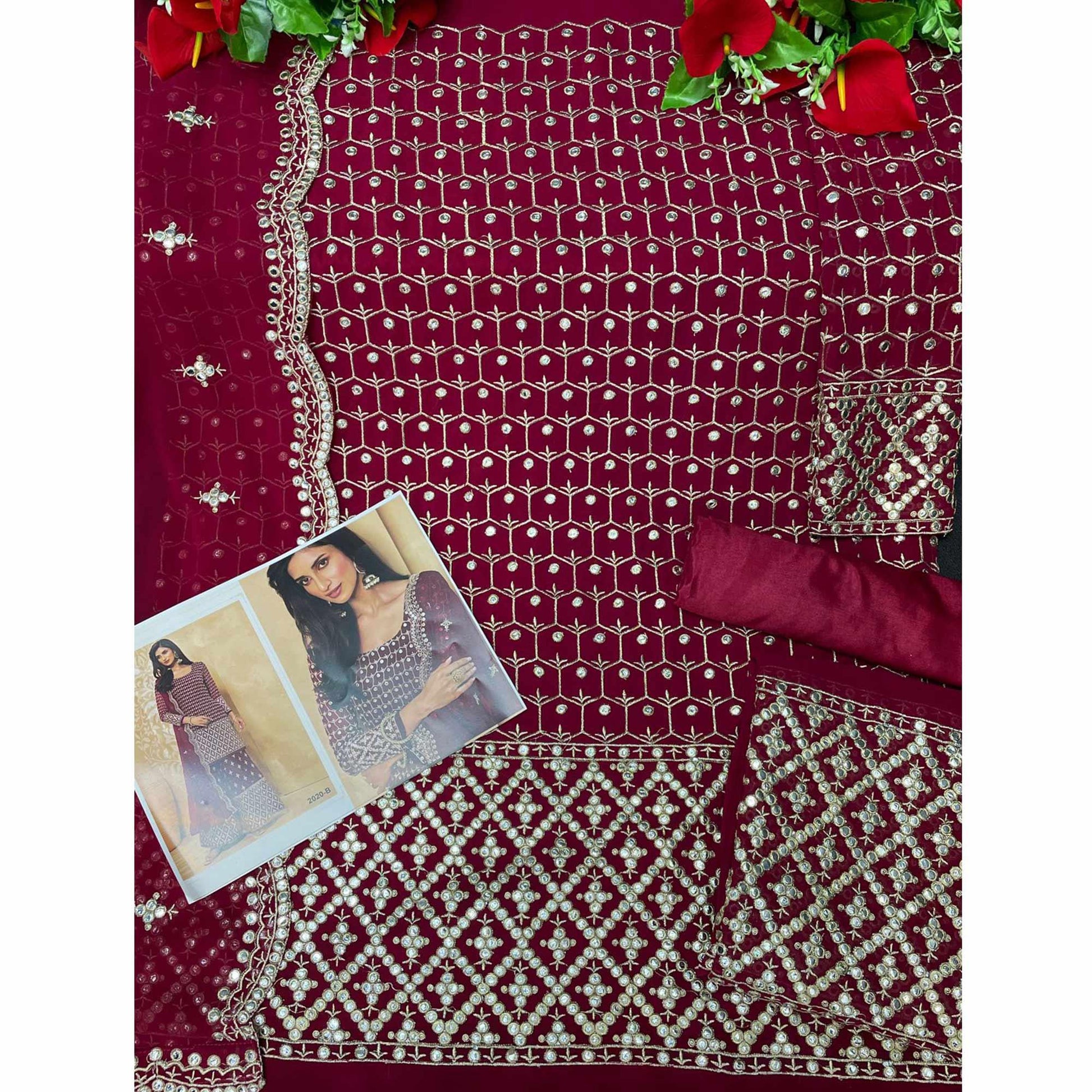 Maroon Embroidered-Embellished Georgette Sharara Suit