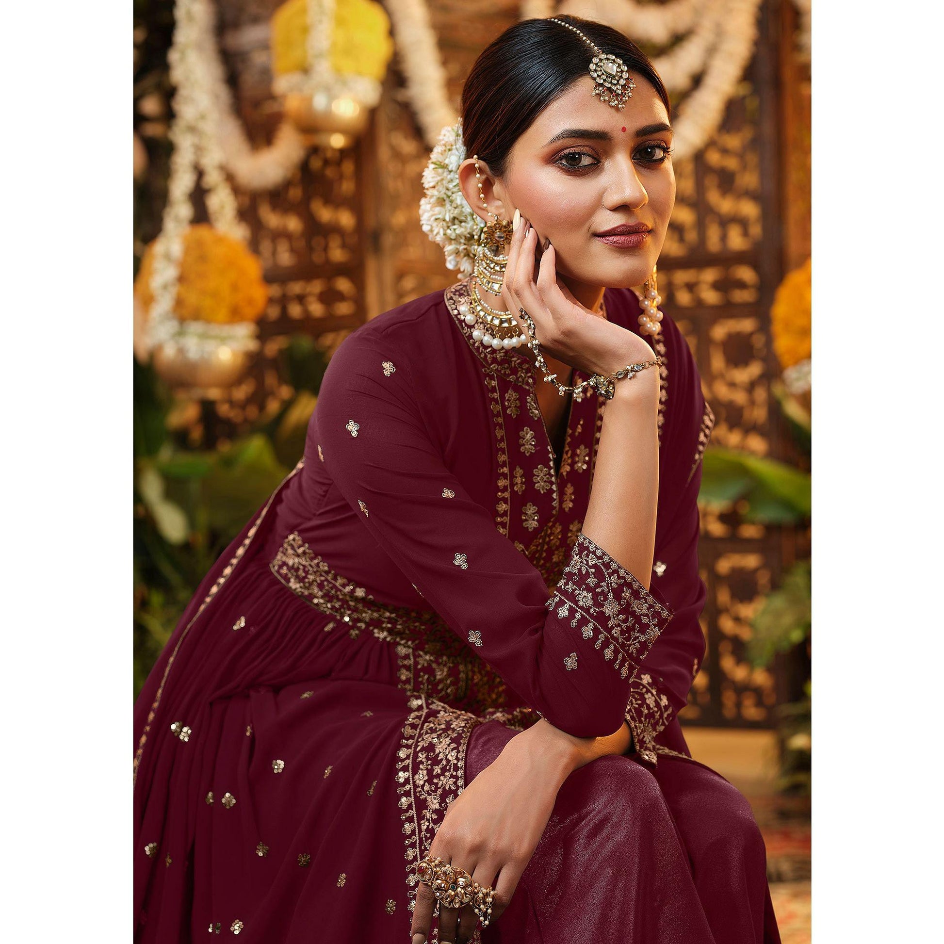 Maroon Embroidered Georgette Anarkali Suit