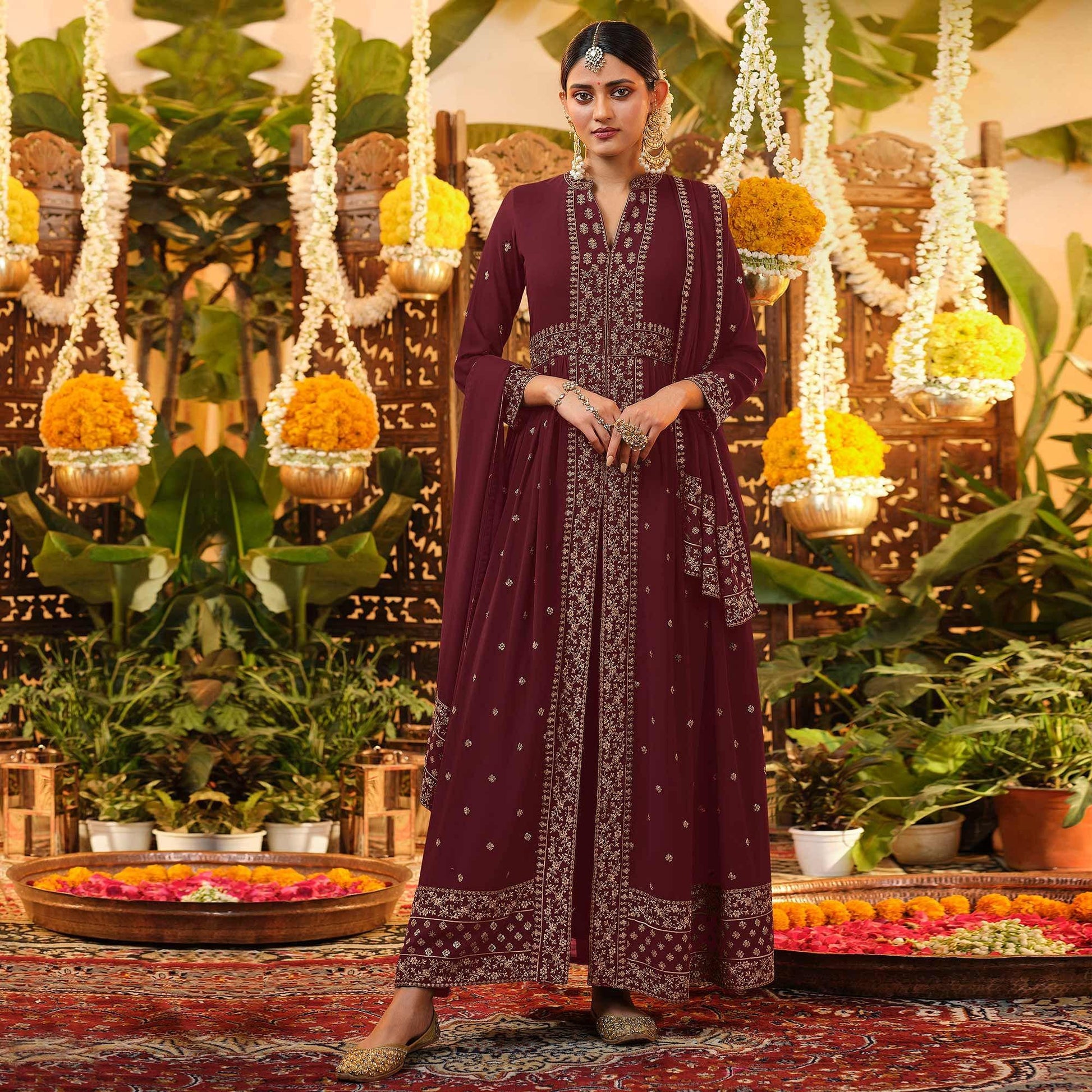 Maroon Embroidered Georgette Anarkali Suit