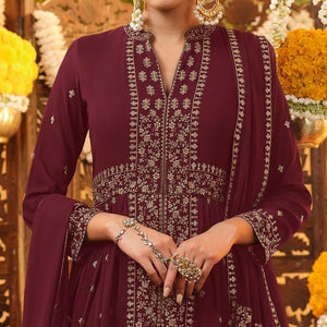 Maroon Embroidered Georgette Anarkali Suit