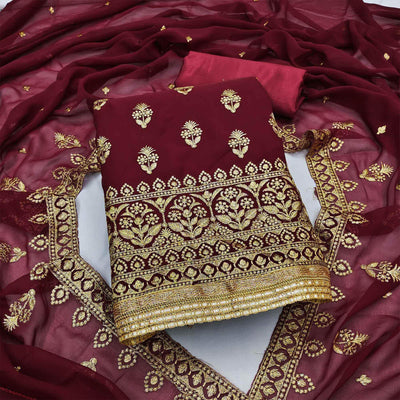Maroon Embroidered Georgette Dress Material