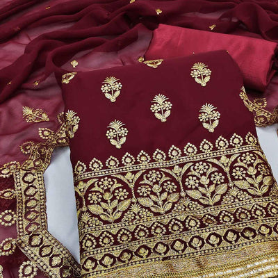 Maroon Embroidered Georgette Dress Material