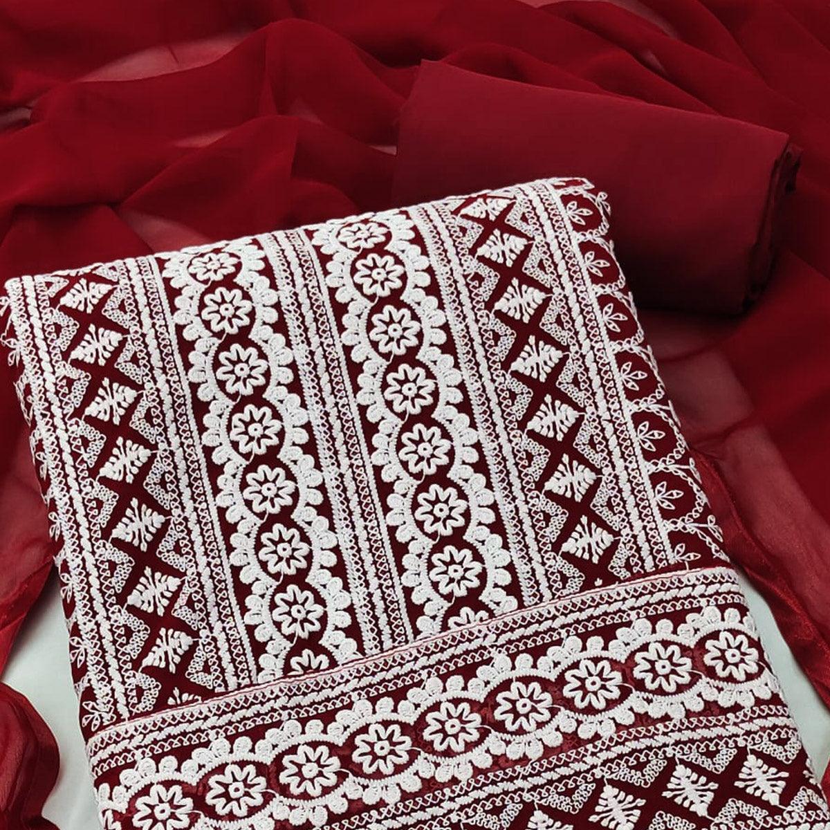 Maroon Embroidered Georgette Dress Material
