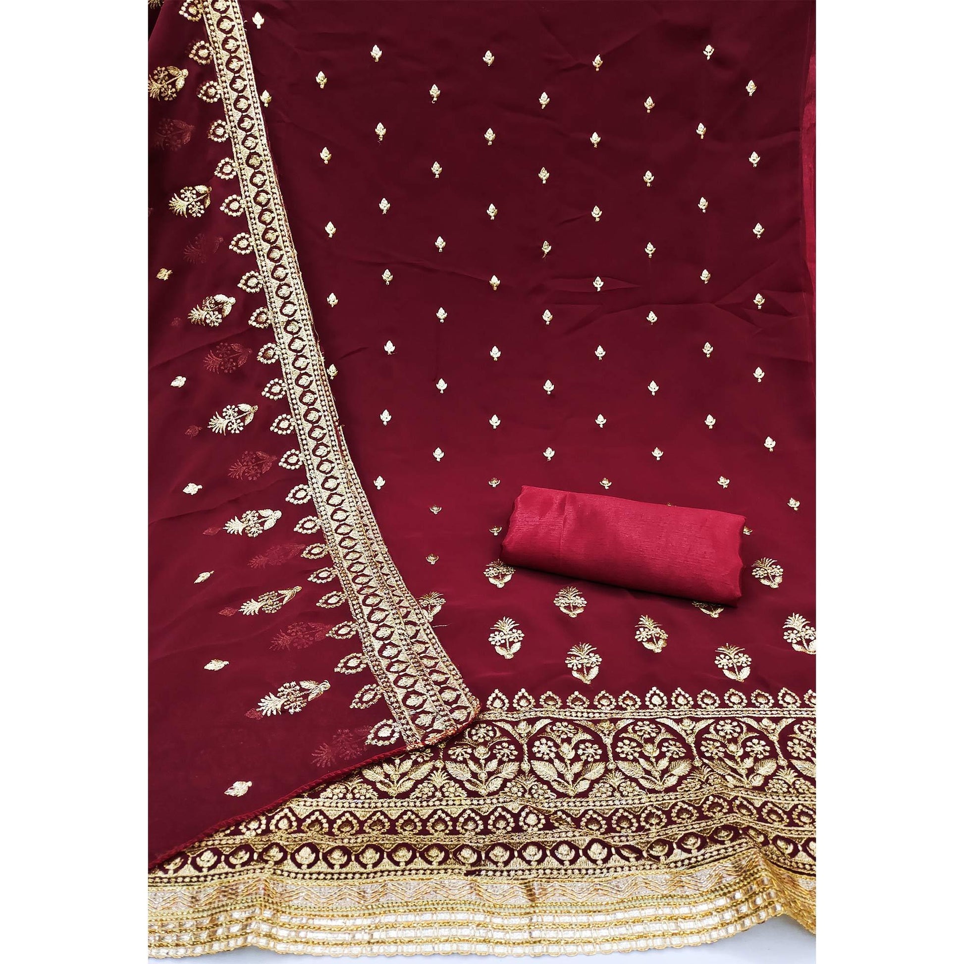 Maroon Embroidered Georgette Dress Material