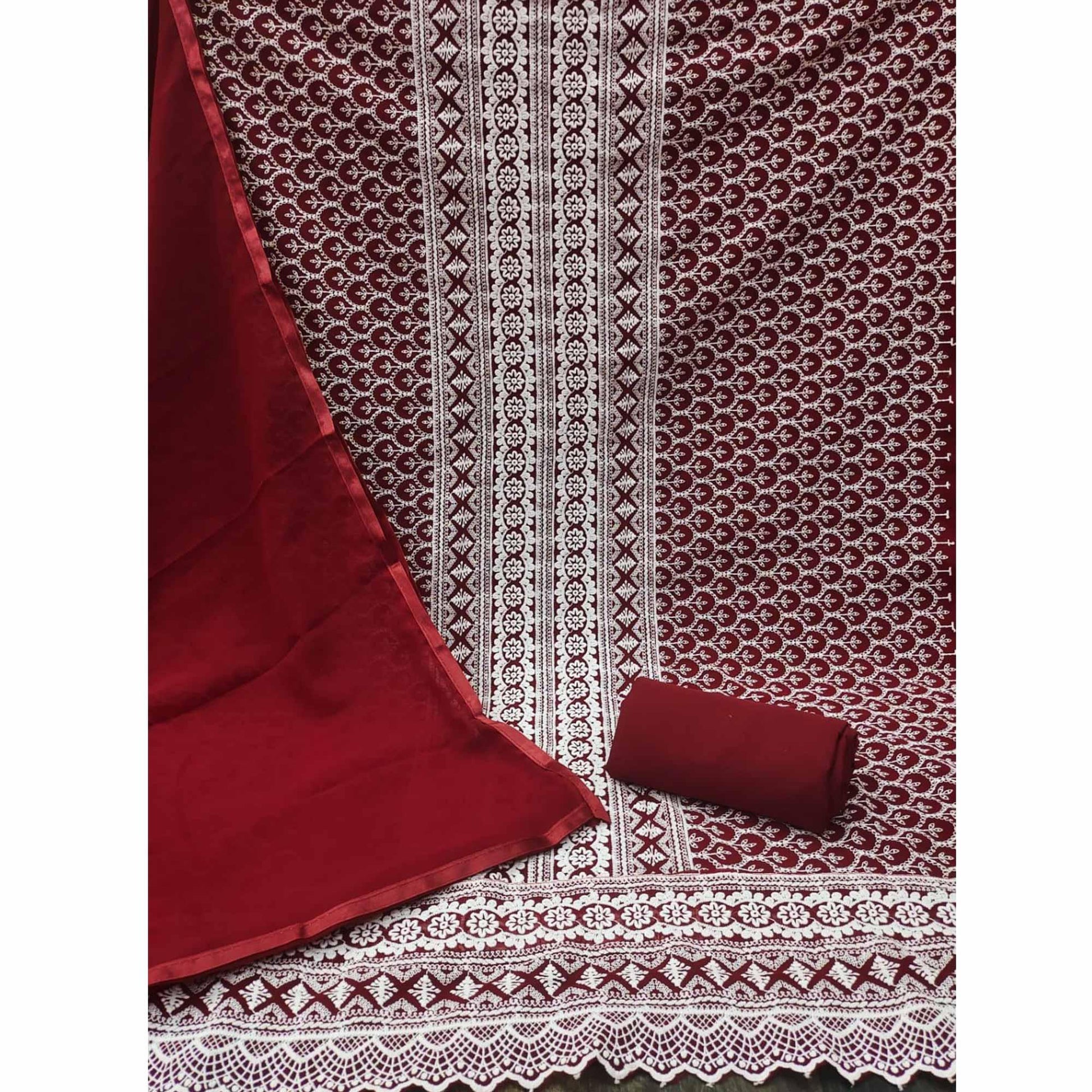 Maroon Embroidered Georgette Dress Material