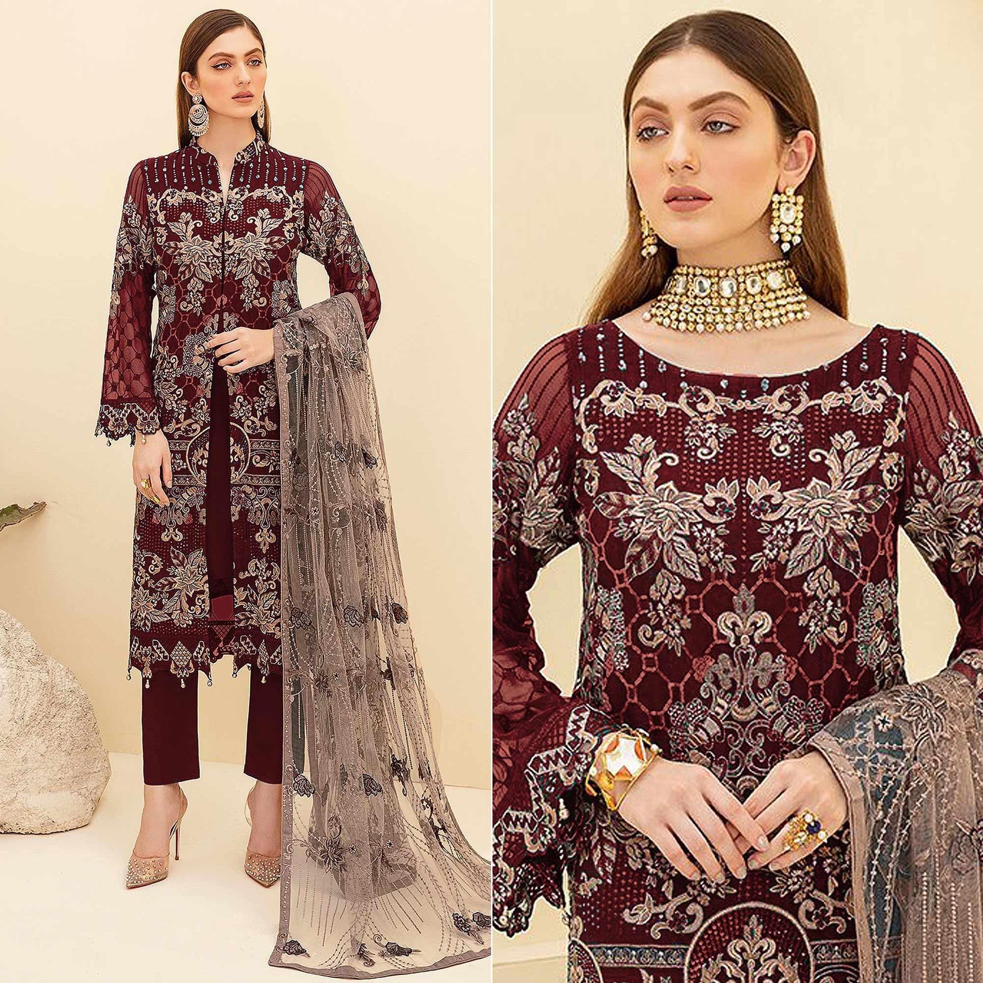 Maroon Embroidered Georgette Pakistani Suit