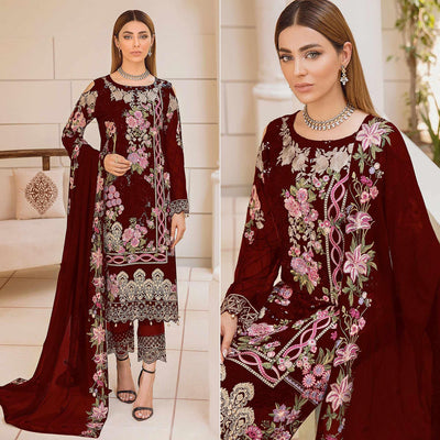 Maroon Embroidered Georgette Pakistani Suit