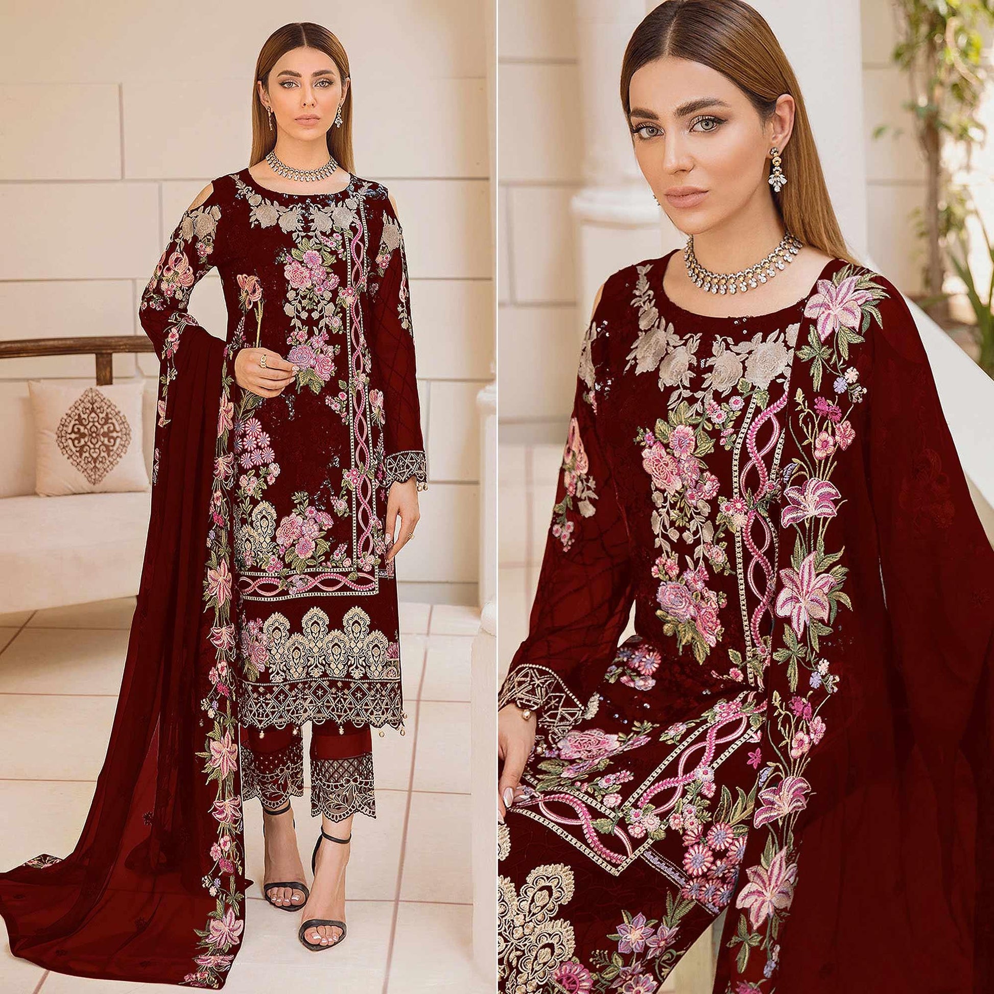 Maroon Embroidered Georgette Pakistani Suit