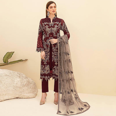 Maroon Embroidered Georgette Pakistani Suit
